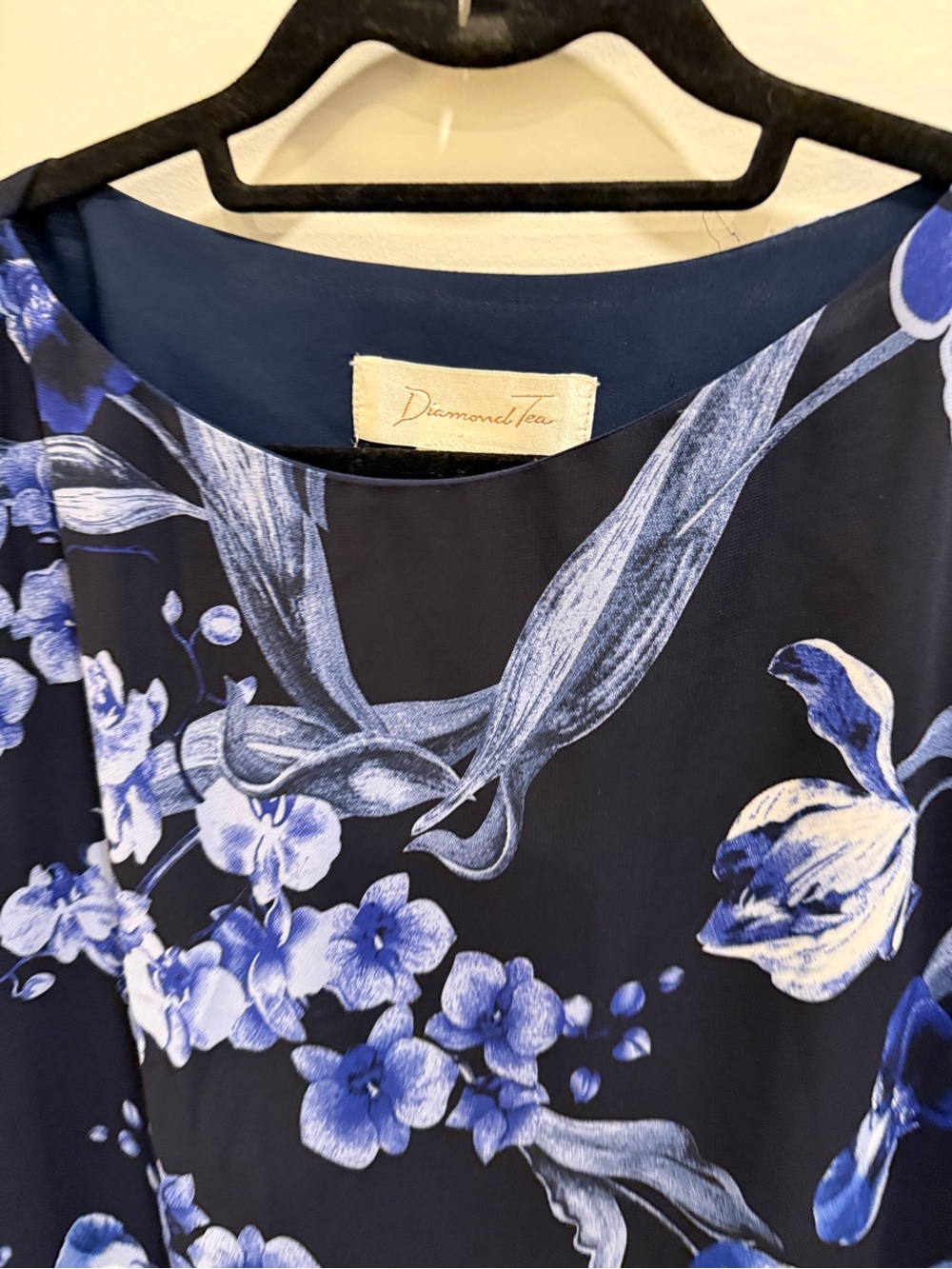 Diamond Tea Navy Floral Crewneck Blouse with Blue Bloom Print